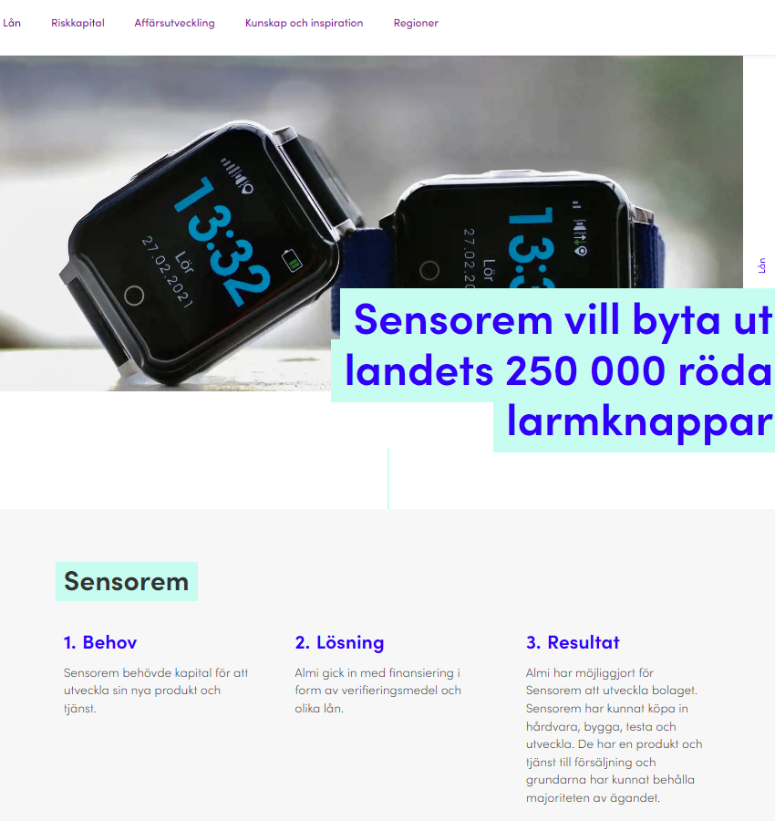 Sensorem trygghetslarm och larmklocka med gps för äldre. Sensorem kan byta ut Sveriges 250000 röda larmknapar mot mobila larm i smartklockor. Almi