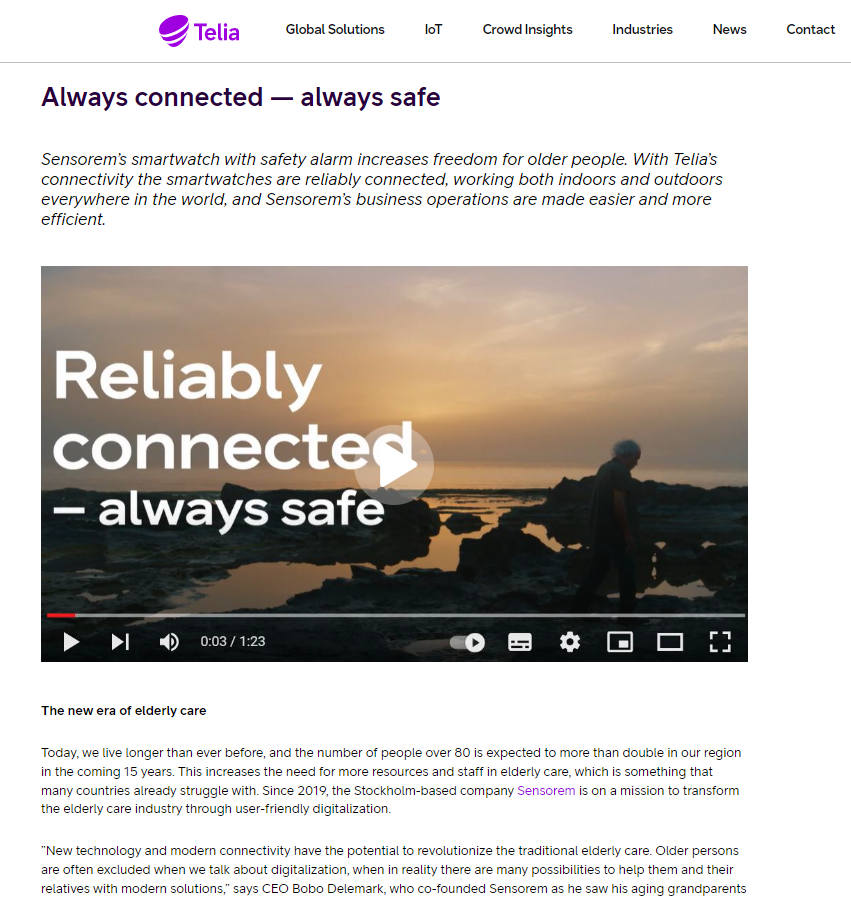 Sensorem trygghetslarm och larmklocka med gps för äldre. Ökar friheten och tryggeten. Always connected - always safe med Teila