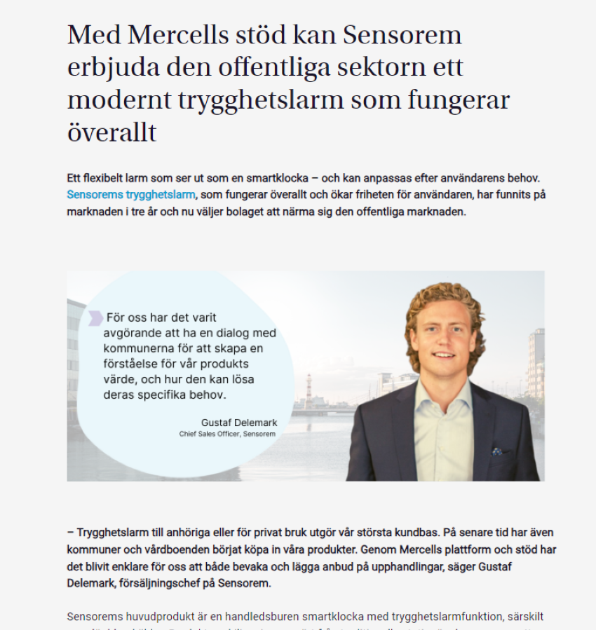 Sensorem trygghetslarm och larmklocka med gps för äldre. Tillgängligt för offentlig verksamhet såsom kommuner via Mercells platform