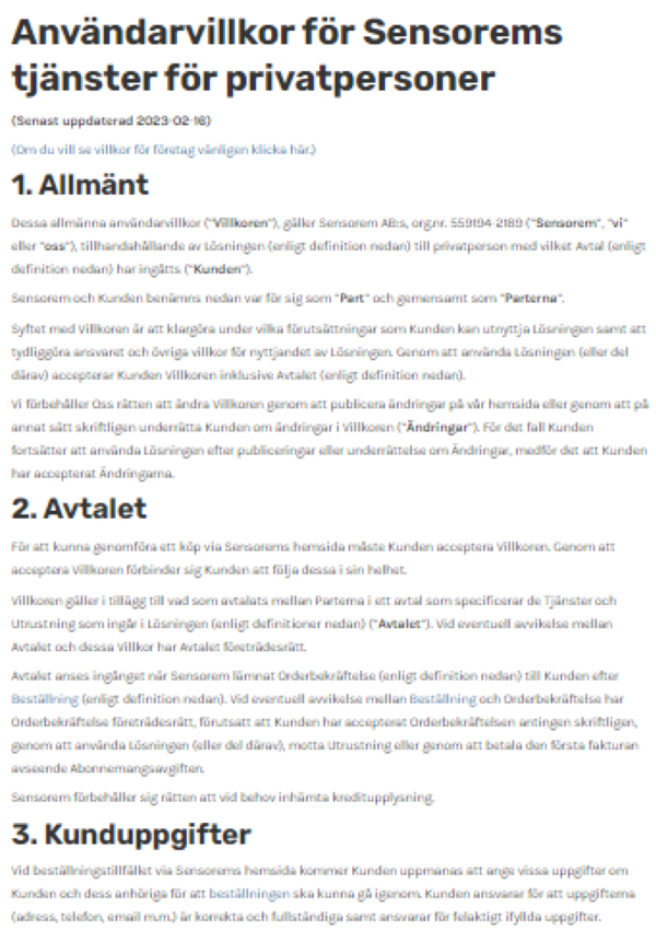 Användarvillkor Sensorems tjänster för privatpersoner