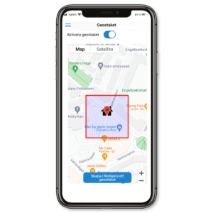Sensoremin älykello turvahälyttimellä ja GPS:llä lisää turvallisuutta esimerkiksi dementiasta kärsiville senioreille. Sovelluksella voit asettaa geoaidan ja saada hälytyksen, jos käyttäjä liikkuu tietyn alueen ulkopuolella. Kuva sovelluksesta kartalla ja geoaidalla