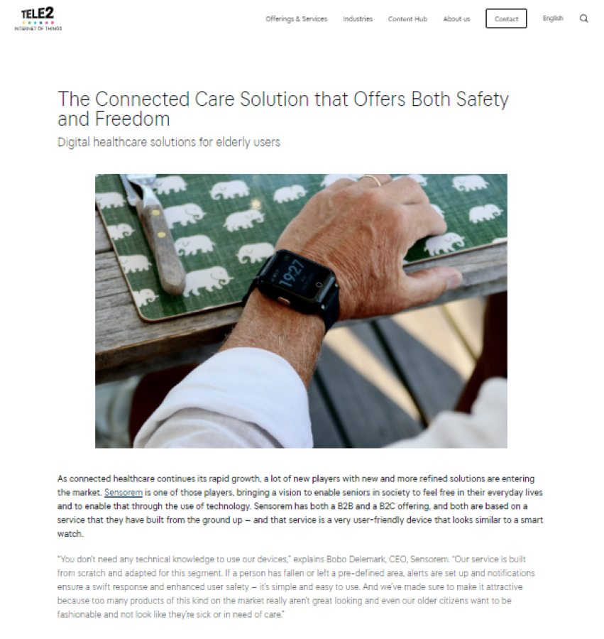 Sensorem GPSklocka med inbyggt trygghetslarm för seniorer och vid sjukdom. Enkel att använda. Connected Care med mobiloperatören Tele 2