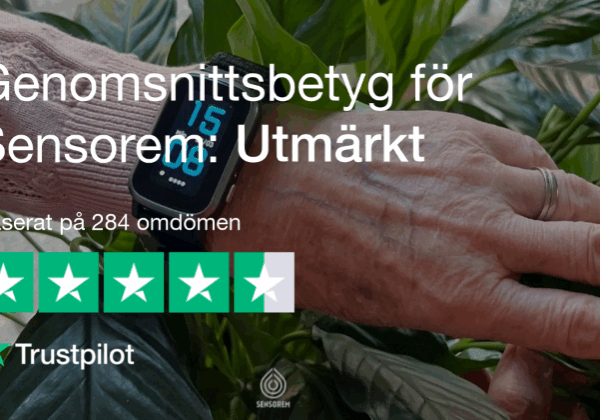 Sensorem trygghetsalarm og vekkerklokke med GPS for eldre. Brukere på Trustpilot vurderer Sensorem "Utmerket"