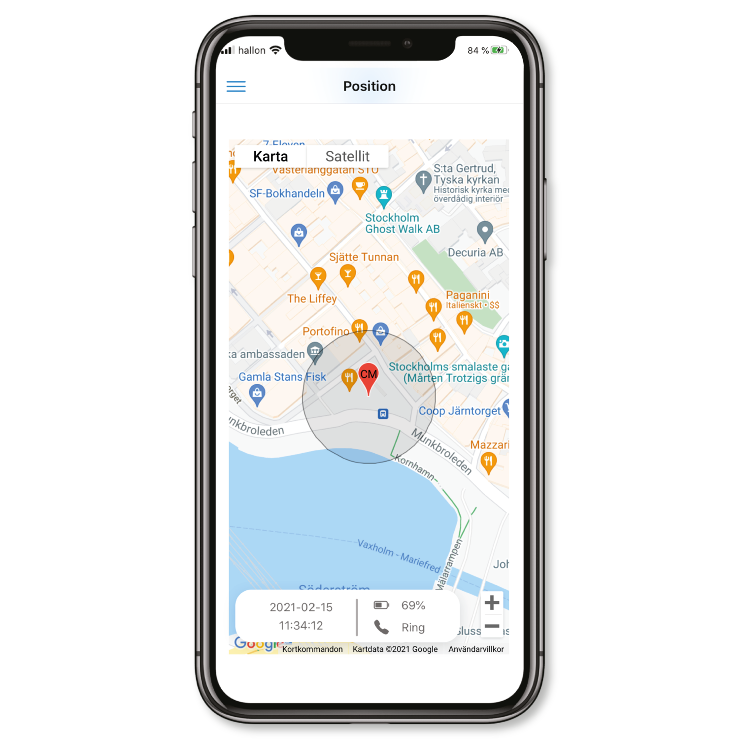 Sensorem app GPS-lokalisering