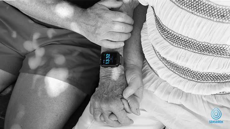 Sensorem's smart watch with security alarm increases security. Sensorem's customer service is available around the clock. Smartwatch on senior in picture